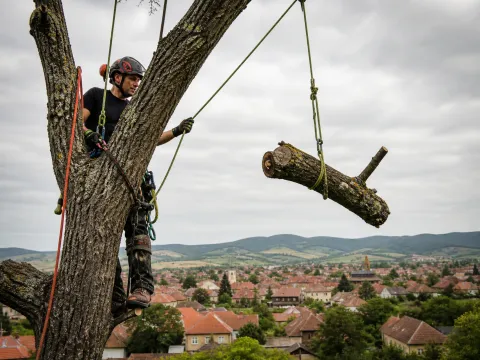 Coborâre controlată a unui buștean, cu corzi — alpinism utilitar