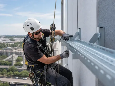 Montaj de profil metalic pe fațadă — alpinism utilitar