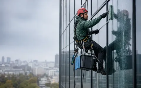 Spălare geamuri pe un turn de birouri — alpinism utilitar
